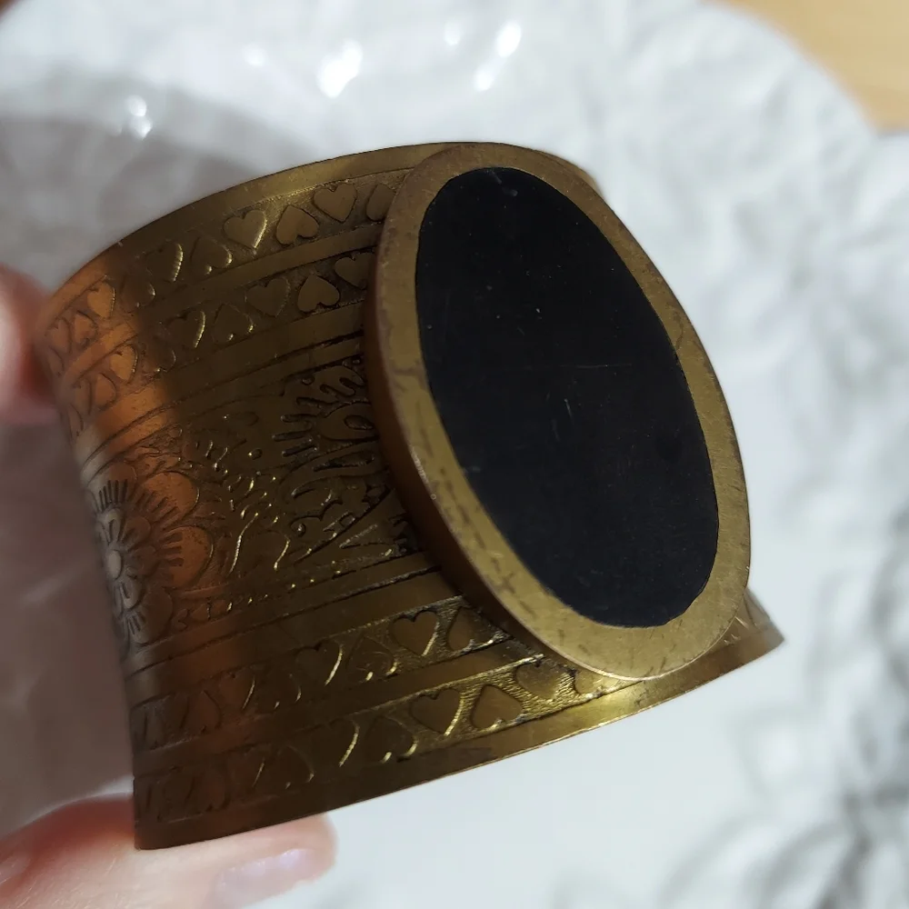 Textured Brass Cuff Design Bracelet w/ Beveled Oval Wood Center